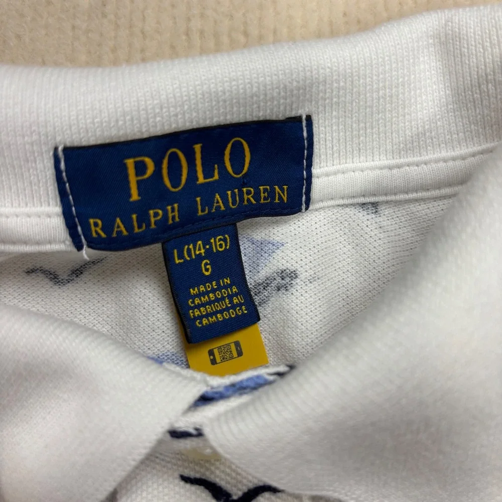 Polo Ralph Lauren Boys White Blue Sailboat Nautical Pique Polo Shirt L 14-16